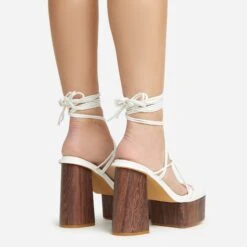 EGO Free-Soul Lace Up Strappy Square Toe Wood Effect Platform Block Heel In White Faux Leather -EGO Sales 20 01 23 fw acc53058 sq