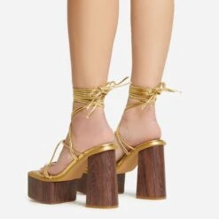 EGO Free-Soul Lace Up Strappy Square Toe Wood Effect Platform Block Heel In Gold Faux Leather -EGO Sales 20 01 23 fw acc53061 sq