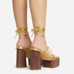EGO Free-Soul Lace Up Strappy Square Toe Wood Effect Platform Block Heel In Gold Faux Leather -EGO Sales 20 01 23 fw acc53062 sq