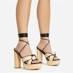 EGO Stacked Lace Up Knotted Strap Detail Peep Toe Wood Effect Platform Block Heel In Black Faux Leather
