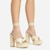 EGO Stacked Lace Up Knotted Strap Detail Peep Toe Wood Effect Platform Block Heel In Beige Faux Leather