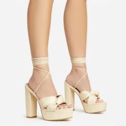 EGO Stacked Lace Up Knotted Strap Detail Peep Toe Wood Effect Platform Block Heel In Beige Faux Leather