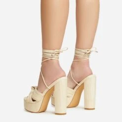 EGO Stacked Lace Up Knotted Strap Detail Peep Toe Wood Effect Platform Block Heel In Beige Faux Leather 9 EGO Stacked Lace Up Knotted Strap Detail Peep Toe Wood Effect Platform Block Heel In Beige Faux Leather -EGO Sales 20 01 23 fw acc53073 sq