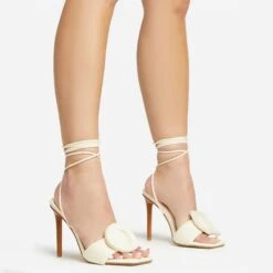 EGO Layla Lace Up Mix Match Buckle Detail Square Toe Stiletto Heel In Cream Linen