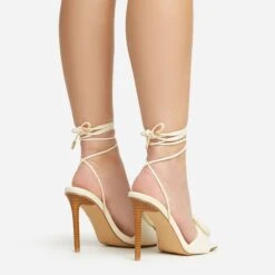 EGO Layla Lace Up Mix Match Buckle Detail Square Toe Stiletto Heel In Cream Linen -EGO Sales 20 01 23 fw acc53095 sq