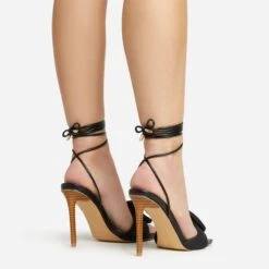 EGO Layla Lace Up Mix Match Buckle Detail Square Toe Stiletto Heel In Black Linen -EGO Sales 20 01 23 fw acc53099 sq