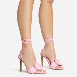 EGO Layla Lace Up Mix Match Buckle Detail Square Toe Stiletto Heel In Pink Linen