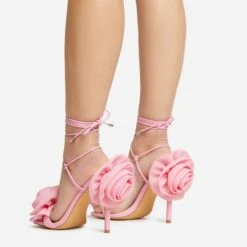 EGO Rosalia Lace Up Knotted Strap 3D Rose Detail Square Toe Stiletto Heel In Pink Faux Leather -EGO Sales 20 01 23 fw acc53107 sq
