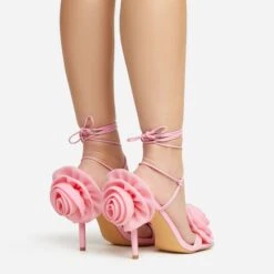 EGO Rosalia Lace Up Knotted Strap 3D Rose Detail Square Toe Stiletto Heel In Pink Faux Leather -EGO Sales 20 01 23 fw acc53108 sq