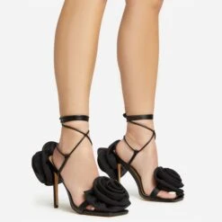 EGO Rosalia Lace Up Knotted Strap 3D Rose Detail Square Toe Stiletto Heel In Black Faux Leather -EGO Sales 20 01 23 fw acc53109 sq