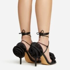 EGO Rosalia Lace Up Knotted Strap 3D Rose Detail Square Toe Stiletto Heel In Black Faux Leather -EGO Sales 20 01 23 fw acc53112 sq