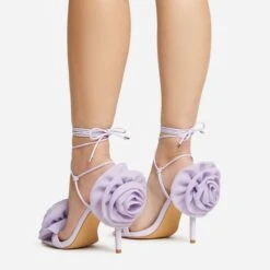 EGO Rosalia Lace Up Knotted Strap 3D Rose Detail Square Toe Stiletto Heel In Lilac Faux Leather -EGO Sales 20 01 23 fw acc53115 sq