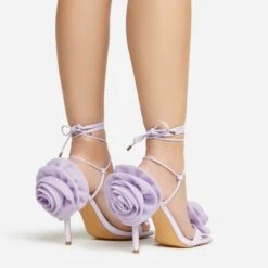 EGO Rosalia Lace Up Knotted Strap 3D Rose Detail Square Toe Stiletto Heel In Lilac Faux Leather -EGO Sales 20 01 23 fw acc53116 sq