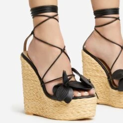EGO Bloomy Lace Up 3D Flower Detail Woven Platform Wedge Heel In Black Faux Leather -EGO Sales 20 01 23 fw acc53130 sq