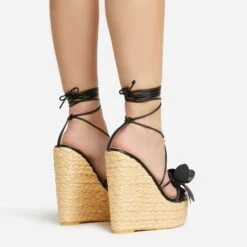 EGO Bloomy Lace Up 3D Flower Detail Woven Platform Wedge Heel In Black Faux Leather -EGO Sales 20 01 23 fw acc53132 sq