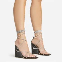 EGO Beggin Lace Up Diamante Strap Detail Square Toe Wedge Heel In Black Faux Leather 11 EGO Beggin Lace Up Diamante Strap Detail Square Toe Wedge Heel In Black Faux Leather -EGO Sales 20 01 23 fw acc53139 sq
