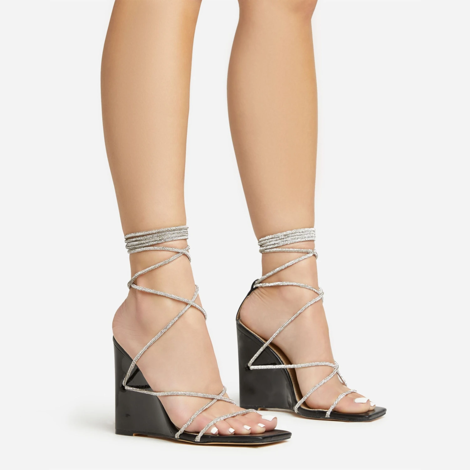 EGO Beggin Lace Up Diamante Strap Detail Square Toe Wedge Heel In Black Faux Leather 7 EGO Beggin Lace Up Diamante Strap Detail Square Toe Wedge Heel In Black Faux Leather - Image 5