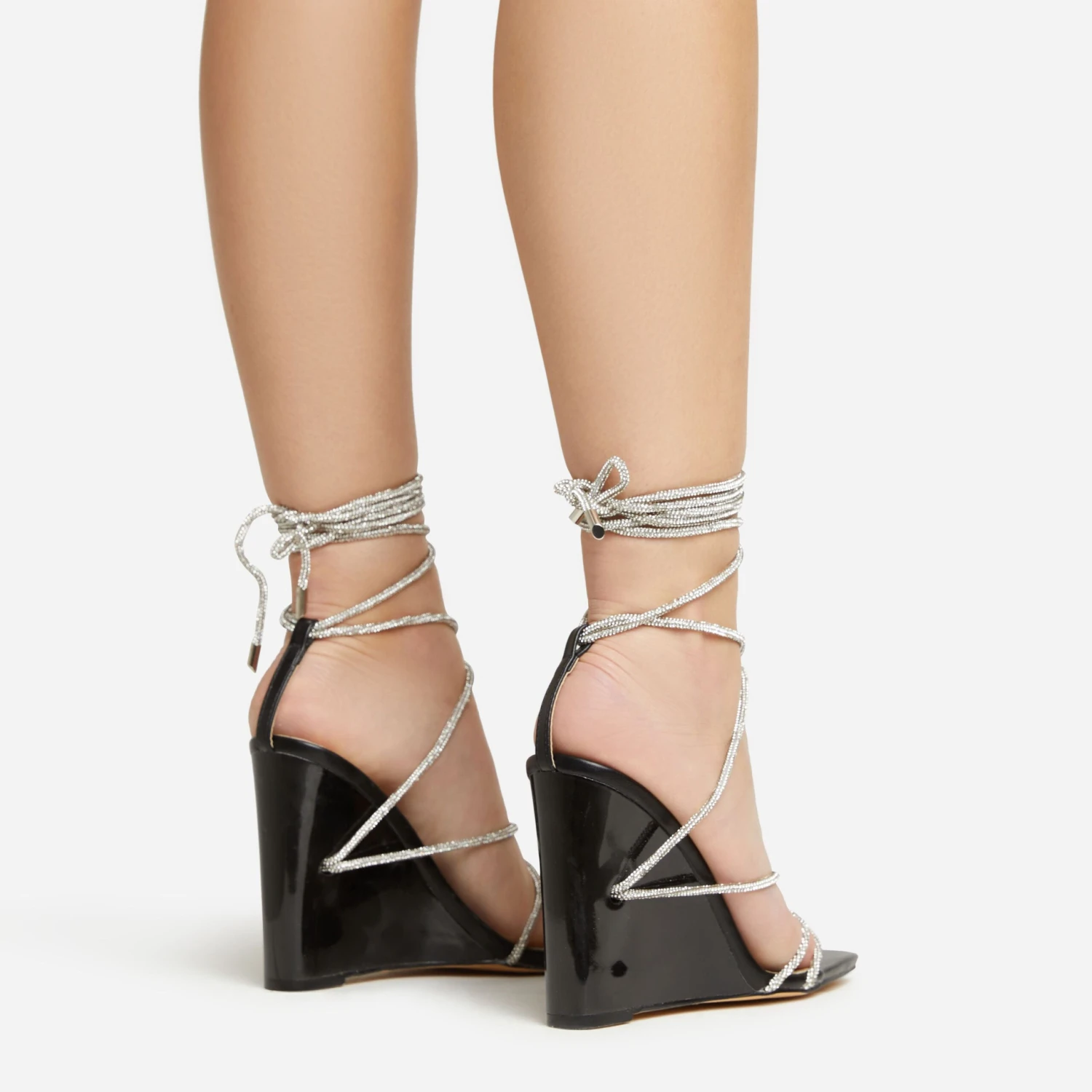 EGO Beggin Lace Up Diamante Strap Detail Square Toe Wedge Heel In Black Faux Leather 6 EGO Beggin Lace Up Diamante Strap Detail Square Toe Wedge Heel In Black Faux Leather - Image 4