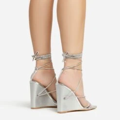 EGO Beggin Lace Up Diamante Strap Detail Square Toe Wedge Heel In Silver Faux Leather -EGO Sales 20 01 23 fw acc53146 sq