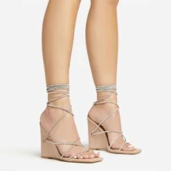 EGO Beggin Lace Up Diamante Strap Detail Square Toe Wedge Heel In Nude Faux Leather -EGO Sales 20 01 23 fw acc53147 sq
