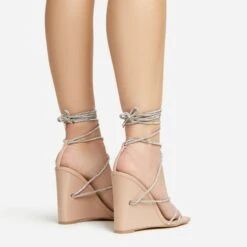 EGO Beggin Lace Up Diamante Strap Detail Square Toe Wedge Heel In Nude Faux Leather -EGO Sales 20 01 23 fw acc53150 sq