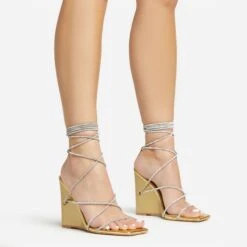 EGO Beggin Lace Up Diamante Strap Detail Square Toe Wedge Heel In Gold Faux Leather -EGO Sales 20 01 23 fw acc53151 sq