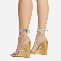 EGO Beggin Lace Up Diamante Strap Detail Square Toe Wedge Heel In Gold Faux Leather -EGO Sales 20 01 23 fw acc53153 sq