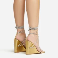 EGO Beggin Lace Up Diamante Strap Detail Square Toe Wedge Heel In Gold Faux Leather -EGO Sales 20 01 23 fw acc53154 sq