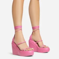 EGO Beach-Side Lace Up Strappy Platform Wedge Heel In Pink Faux Leather And Rubber