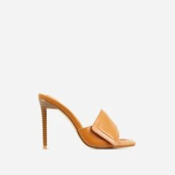 EGO Plush Velcro Strap Detail Square Peep Toe Stiletto Heel Mule In Tan Brown Faux Leather -EGO Sales 20 01 23 fw acc53170 sq