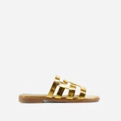 EGO Milli Caged Detail Flat Slider Sandal In Gold Croc Print Faux Leather -EGO Sales 20 01 23 fw acc53177 sq