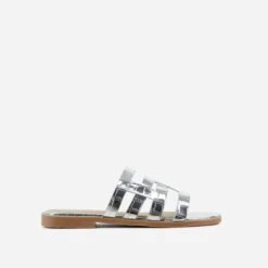 EGO Milli Caged Detail Flat Slider Sandal In Silver Croc Print Faux Leather -EGO Sales 20 01 23 fw acc53181 sq
