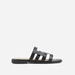 EGO Milli Caged Detail Flat Slider Sandal In Black Croc Print Faux Leather -EGO Sales 20 01 23 fw acc53182 sq