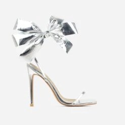 EGO Beau Oversized Bow Detail Square Toe Stiletto Heel In Silver Faux Leather -EGO Sales 20 01 23 fw acc53204 sq