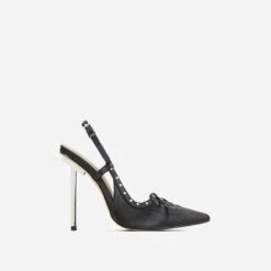 EGO Cruela Lace Up Bow Diamante Stud Detail Pointed Toe Slingback Metallic Stiletto Heel In Black Satin -EGO Sales 20 01 23 fw acc53211 sq