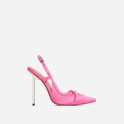 EGO Cruela Lace Up Bow Diamante Stud Detail Pointed Toe Slingback Metallic Stiletto Heel In Pink Satin -EGO Sales 20 01 23 fw acc53212 rt