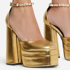 EGO So-Scandalous Diamante Strap Closed Square Toe Extreme Platform Block Heel In Gold Metallic Faux Leather -EGO Sales 20 07 227163 1