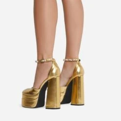 EGO So-Scandalous Diamante Strap Closed Square Toe Extreme Platform Block Heel In Gold Metallic Faux Leather -EGO Sales 20 07 227164