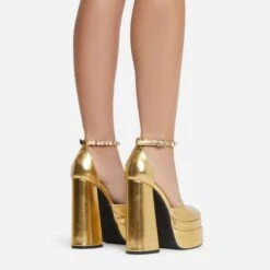 EGO So-Scandalous Diamante Strap Closed Square Toe Extreme Platform Block Heel In Gold Metallic Faux Leather -EGO Sales 20 07 227165