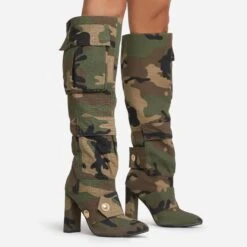 EGO Jamisen Pocket Stud Detail Pointed Toe Block Heel Knee High Boot In Camo Print Fabric