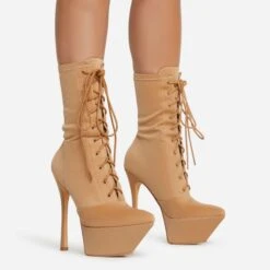 EGO Baddie-City Lace Up Pointed Toe Statement Platform Stiletto Ankle Sock Boot In Nude Lycra -EGO Sales 20 07 227221