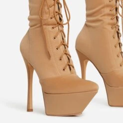 EGO Baddie-City Lace Up Pointed Toe Statement Platform Stiletto Ankle Sock Boot In Nude Lycra -EGO Sales 20 07 227222