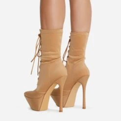 EGO Baddie-City Lace Up Pointed Toe Statement Platform Stiletto Ankle Sock Boot In Nude Lycra -EGO Sales 20 07 227223
