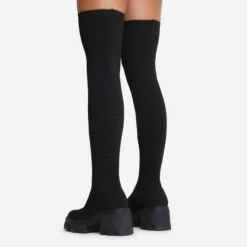 EGO Over-The-Moon Chunky Sole Over The Knee Thigh High Sock Boot In Black Ribbed Knit -EGO Sales 20 07 227245
