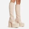 EGO Leila Layered Knit Detail Square Toe Platform Block Heel Calf Boot In Nude Faux Leather -EGO Sales 20 07 227251