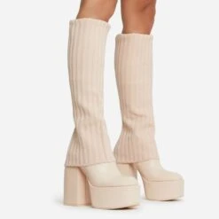 EGO Leila Layered Knit Detail Square Toe Platform Block Heel Calf Boot In Nude Faux Leather
