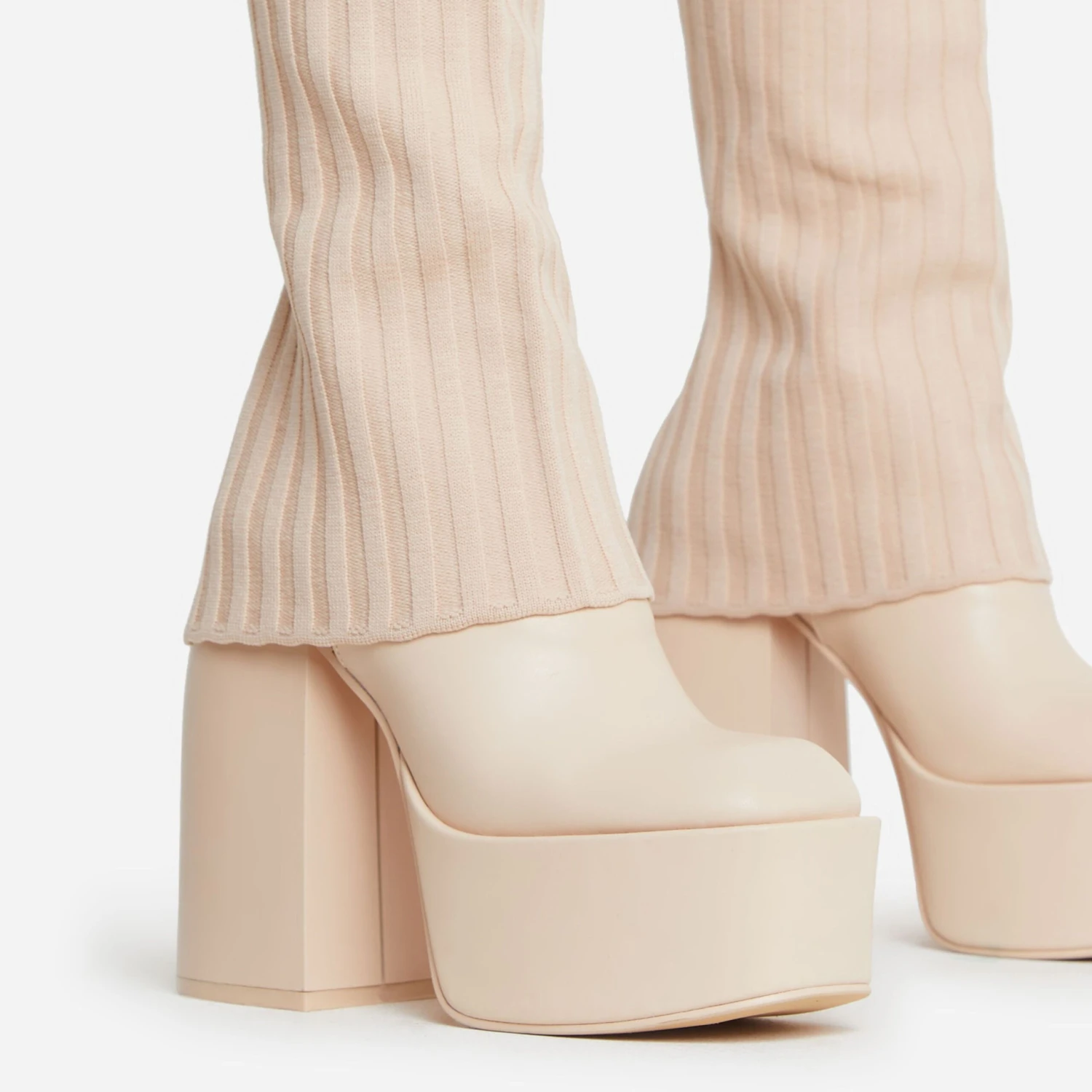 EGO Leila Layered Knit Detail Square Toe Platform Block Heel Calf Boot In Nude Faux Leather 4 EGO Leila Layered Knit Detail Square Toe Platform Block Heel Calf Boot In Nude Faux Leather - Image 2