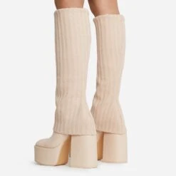 EGO Leila Layered Knit Detail Square Toe Platform Block Heel Calf Boot In Nude Faux Leather 9 EGO Leila Layered Knit Detail Square Toe Platform Block Heel Calf Boot In Nude Faux Leather -EGO Sales 20 07 227253