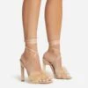 EGO Aubrie Fluffy Faux Feather Lace Up Square Toe Sculptured Heel In Nude Faux Suede -EGO Sales 22 09 22 fwbags0101