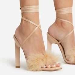 EGO Aubrie Fluffy Faux Feather Lace Up Square Toe Sculptured Heel In Nude Faux Suede -EGO Sales 22 09 22 fwbags0103